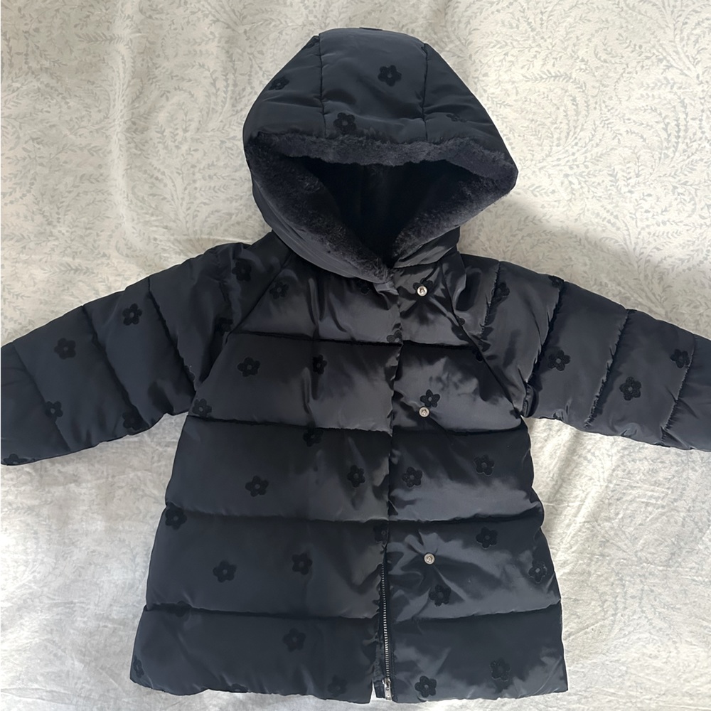 EUC Jacadi girls navy coat jacket with velvet flower detail, Size 18-24 months.